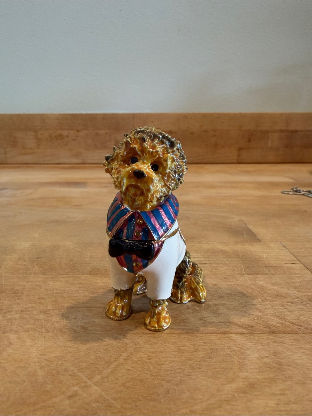 Decorative Golden Poodle Figurine with Striped Scarf - White and Gold